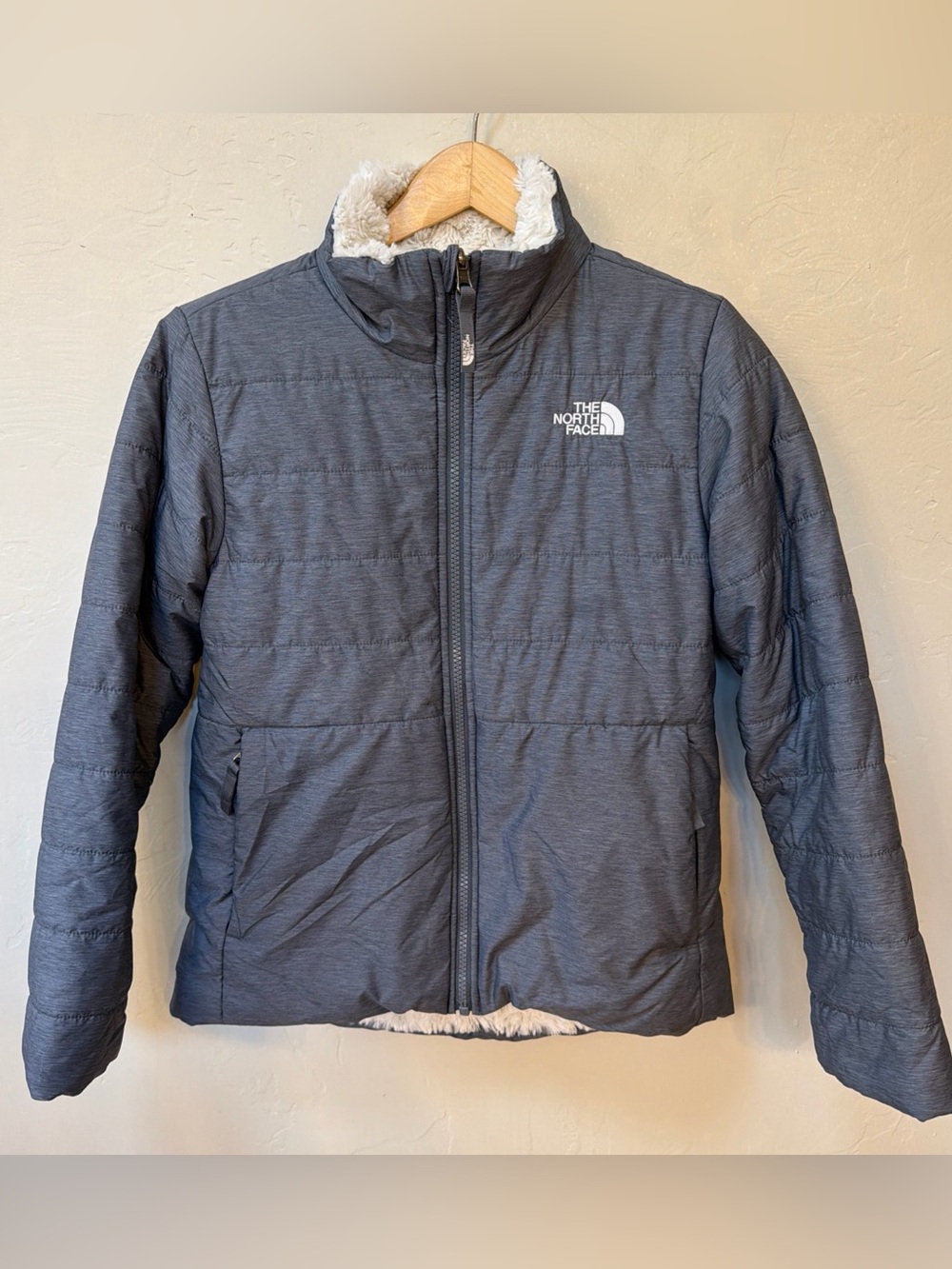 The North Face Jacket Girls Medium 10/12 Gray Sherpa Reversible Full Zip READ